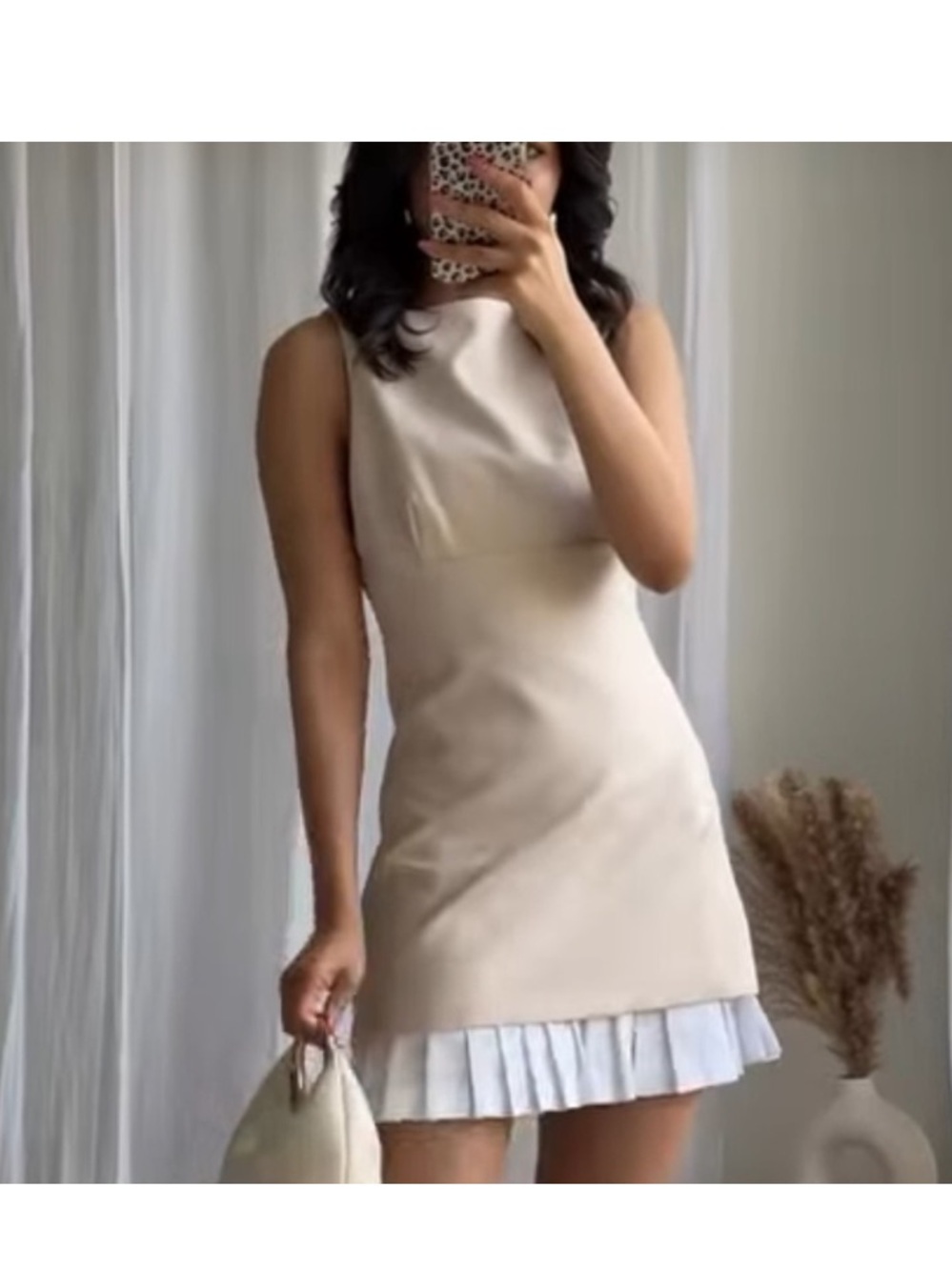 Zara Cream Mini Dress with White Pleated Hem